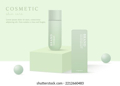 Skin care product and package ads template on green background .