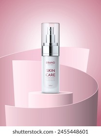 Producto para el cuidado de la piel en podio rosa. Vector de belleza y maquillaje de producción realista botella de maquillaje en pedestal con decoración curva moderna. Promoción o publicidad de marca con tubo pulverizador de crema, leche o gel