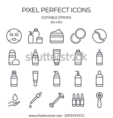 Skin care product related editable stroke outline icons set isolated on white background flat vector illustration. Pixel perfect. 64 x 64.