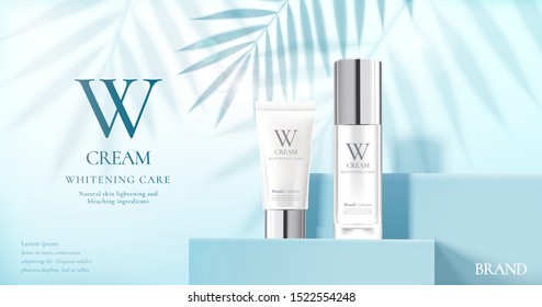 Skin care product set ads with white bottles on blue square podium stage and palm leaves shadows in 3d illustration