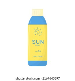 Skin care product. Sun safety, UV protection cream. Tube of sunscreen product with SPF. Summer cosmetic. Flat vector illustration isolated on white background.