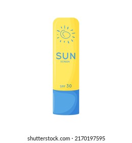 Skin care product. Sun safety, UV protection lipstick. Tube of sunscreen product with SPF. Summer cosmetic. Flat vector illustration isolated on white background.