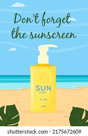 Skin care product. Sun safety, UV protection spray. Tube of sunscreen product with SPF. Summer cosmetic.