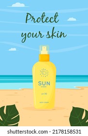 Skin care product. Sun safety, UV protection spray. Tube of sunscreen product with SPF. Summer cosmetic.