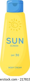 Skin care product. Sun safety, UV protection cream. Tube of sunscreen product with SPF. Summer cosmetic. Flat vector illustration isolated on white background.