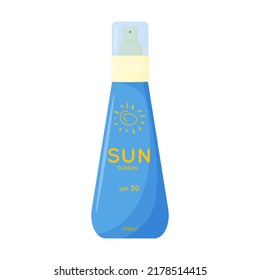 Skin care product. Sun safety, UV protection spray. Tube of sunscreen product with SPF. Summer cosmetic. Flat vector illustration isolated on white background.