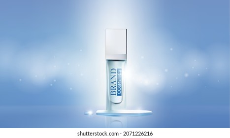 skin care product with water drops on blue background . Realistic vector illustration .