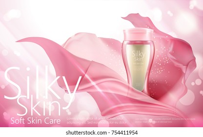 Skin care products ads, pink bottle with fluttering silky chiffon isolated on bokeh glittering background, 3d illustration