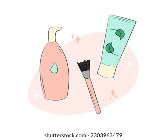 Skin care products. Composition of natural organic cosmetic bottle and tube for skincare, cosmetic brush. Face mask and moisturizing cream. Cute flat vector illustration.