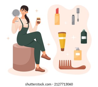 Skin care products. Girl chooses cosmetics for herself, woman with mug and mirror in fitting room. Beauty and hygiene, creams and lipstick. Model for fashion magazine. Cartoon flat vector illustration