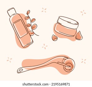Skin care products hand drawn doodle icons, cream tubes, derma roller hand drawn sketch set, brown, cosmetic pale soft color line art symbols, isolated on background