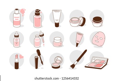 Skin care products icons set. Line style vector illustration isolated on white background.