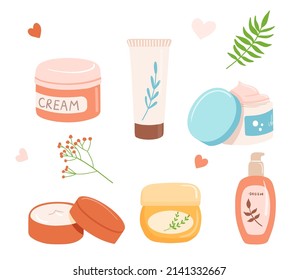 Ilustración de productos de cuidado de la piel, loción corporal, toner y crema facial, jabón líquido orgánico, crema ocular, exfoliación corporal. Objetos cosméticos planos tinte con tapa y tubo aislados en fondo blanco