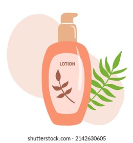 Skin care products illustration, body lotion, face toner and cream, liquid soap. Flat cosmetic object in tube with palm leaf