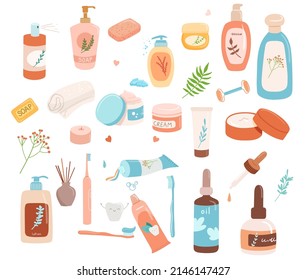 Hautpflegeprodukte Illustration, Körperlotion, Gesichtssonde und -creme, organische flüssige Seife, Augencreme, Körperpeeling. Flache kosmetische Objekte einzeln auf weißem Hintergrund. Zahnpasta und Pinsel
