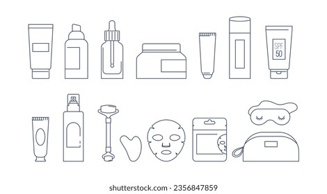 Ilustraciones de productos de cuidado de la piel, rutina de cuidado de la piel. Crema, loción, máscara, crema para los ojos y botellas de protección solar. Diseño de vectores