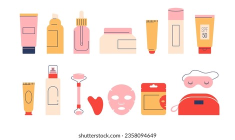 Skin Care products illustrations, skincare routine. Cream, lotion, mask, eye cream and sunscreen bottles. Vector design