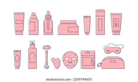 Ilustraciones de productos de cuidado de la piel, rutina de cuidado de la piel. Crema, loción, máscara, crema para los ojos y botellas de protección solar. Diseño de vectores