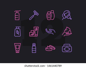 Skin care products line icon set. Cream, shaving stick, face and magnifier glass. Beauty concept. Can be used for topics like beautician, cosmetics, natural ingredients