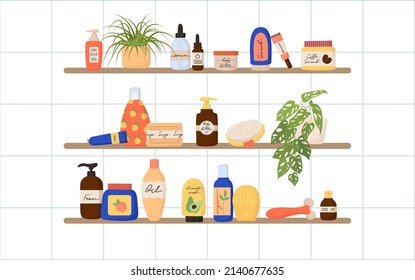 Productos de tocador de piel en acogedoras estanterías de baño. Botellas con productos cosméticos de limpieza e hidratación, tubos de Crema. Cosas de mujeres para el cuidado de la piel. Ilustración vectorial plana aislada en fondo blanco