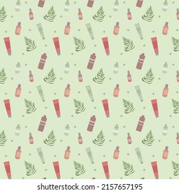 Skin care products seamless pattern, skin care products flat illustration, lotion pattern, self care illustration, products for your skin pattern, skin treatment, cream for face and hands flat vector