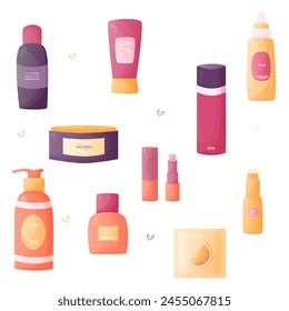 Hautpflegeprodukte-Set. Gesichtscreme, SPF 50, Serum, Gesichtsmaske, Lippenbalsam und Lotion. Schönheitskonzept der Vektorillustration.