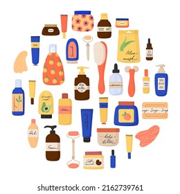 Skin care products set flat. Colorful bottles, glass jars, tubes. Anti-aging Cosmetics collection. Woman skincare products. Natural face care. Hand drawn vector illustration isolated on white.