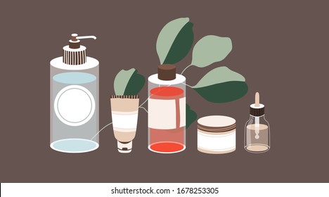 Skin care products. Set of hand-drawn liquid beauty products: bottles, sprays and tubes. Feminine cosmetics. and eucalyptus leaf. Modern design for SPA saloon, webpage banner and greeting card. 