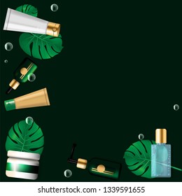 skin care products set on a dark green background decorated with monstera tropical leaves and water bubbles. Isolated vector elements