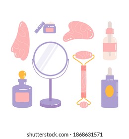 Skin care products for SPA. Vector set of massage roller, gua sha, face oil bottle, mirror isolated on white background. Home beauty routine essensials concept. Flat vector hand drawn illustration. 