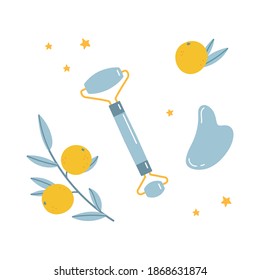 Skin care products for SPA. Vector set of massage roller, gua sha stone and tangerines isolated on white background. Home beauty routine essensials concept. Flat vector hand drawn illustration. 