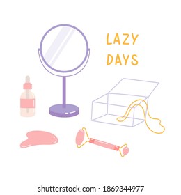 Skin care products for SPA. Vector set of massage roller, gua sha, face oil bottle, mirror, jewelry box isolated on white background. Home beauty routine essensials concept. Flat vector illustration. 