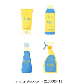 Skin care products. Sun safety, UV protection collection. Tubes and bottles of sunscreen products with SPF: cream, lipstick, spray. Summer cosmetic. Flat vector illustration isolated on white