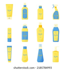 Skin care products. Sun safety, UV protection collection. Tubes and bottles of sunscreen products with SPF: cream, lipstick, spray. Summer cosmetic. Flat vector illustration isolated on white