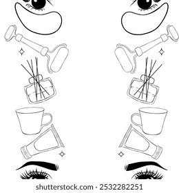 Productos para el cuidado de la piel Marco de borde de Vertical en la ilustración de línea. Plantilla - Concepto de limpieza y cuidado de la piel. SPA y cosmetología. Frontera para el fondo, empaquetado, etiqueta, Anuncio, invitación del partido

