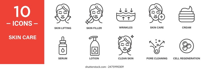 Skin care related vector icon set includes skin lifting, skin filler, wrinkles, cream, serum, lotion, clean skin, pore cleaning, cell regeneration, and more icons