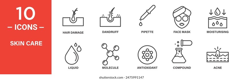 El conjunto de iconos de Vector relacionados con el cuidado de la piel incluye daño capilar, caspa, pipeta, mascarilla facial, hidratante, líquido, molécula, antioxidante, compuesto, acné y más iconos