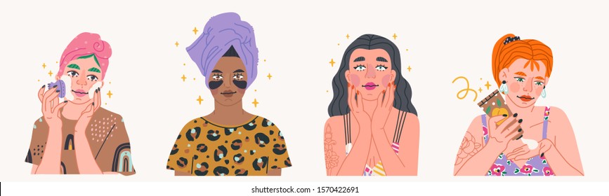 Skin care routine. Beautiful young ladies. Various spa procedures. Face care concept. Cleansing, moisturizing, treating. Hand drawn vector set. Trendy illustration. All elements are isolated