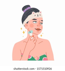 Skin care routine. Beautiful young lady with cute mask and facial massager. Face care concept. Cleansing, moisturizing, treating. Hand drawn vector illustration. Cartoon style. Flat design