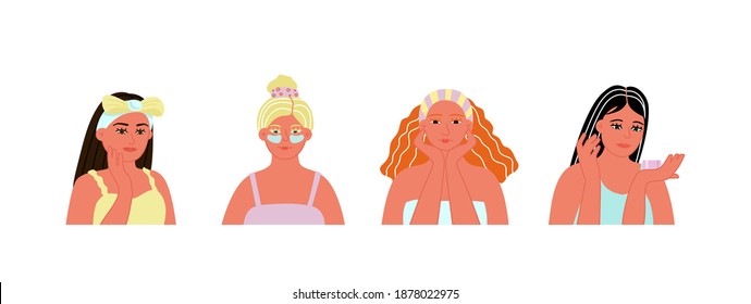 Skin care routine. Beautiful young ladies. Various spa procedures. Face care concept. Cleansing, moisturizing, treating. Hand drawn vector set. Trendy illustration. All elements are isolated