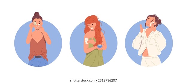 Skin care routine composition set with happy young woman characters using natural organic cosmetics