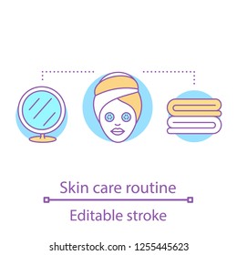 Skin care routine concept icon. Skincare. Facial mask. Beauty salon idea thin line illustration. Cosmetological procedure. Cosmetics. Vector isolated outline drawing. Editable stroke