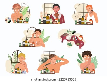 Skin care routine concept set. Various handsome men washes, makes facial cleansing
hygiene, use of cream, patches, cosmetic face masks, facial massage, enjoying a skincare routine. Men's hygiene.