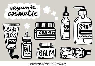 Skin care routine cosmetic products, organic cosmetic, makeup tools, beauty vector illustration. Bottles with oil, toner, soap, lip gloss and balm.