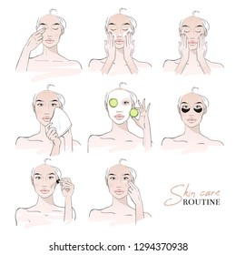 Skin care routine. Different facial cleaning procedures. Fashion woman sketch. Spa beauty concept. Hand drawn vector illustration. 