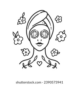 Skin care routine, face mask. Vector illustration. Doodle style girl on white background