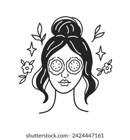 Skin care routine, face mask. Vector illustration. Doodle style girl on white background