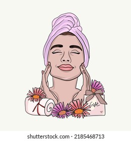 Skin care routine female portrait. Woman enjoying face massage, surrounded by flowers. Hand drawn vector art.