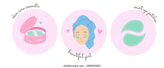 Cuidar la hermosa cara de la chica con los parches de los ojos procedimientos para el cuidado de la piel. Almohadillas oculares en recipientes de frasco cosmético redondo. Parches oculares de menta verde cerraron el vector. Spa en casa, rutina de cuidado de la piel, concepto de autocuidado.