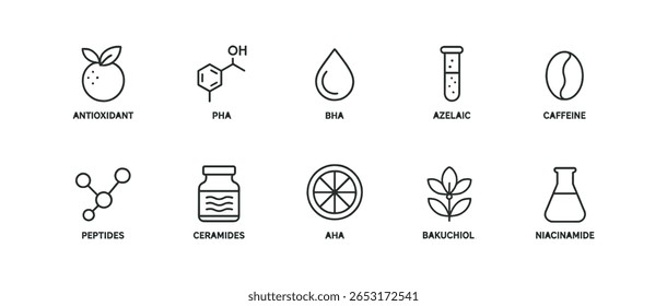 Conjunto de ícones de rotina de cuidados com a pele. beleza, antioxidante, bha, cafeína, estilo de contorno